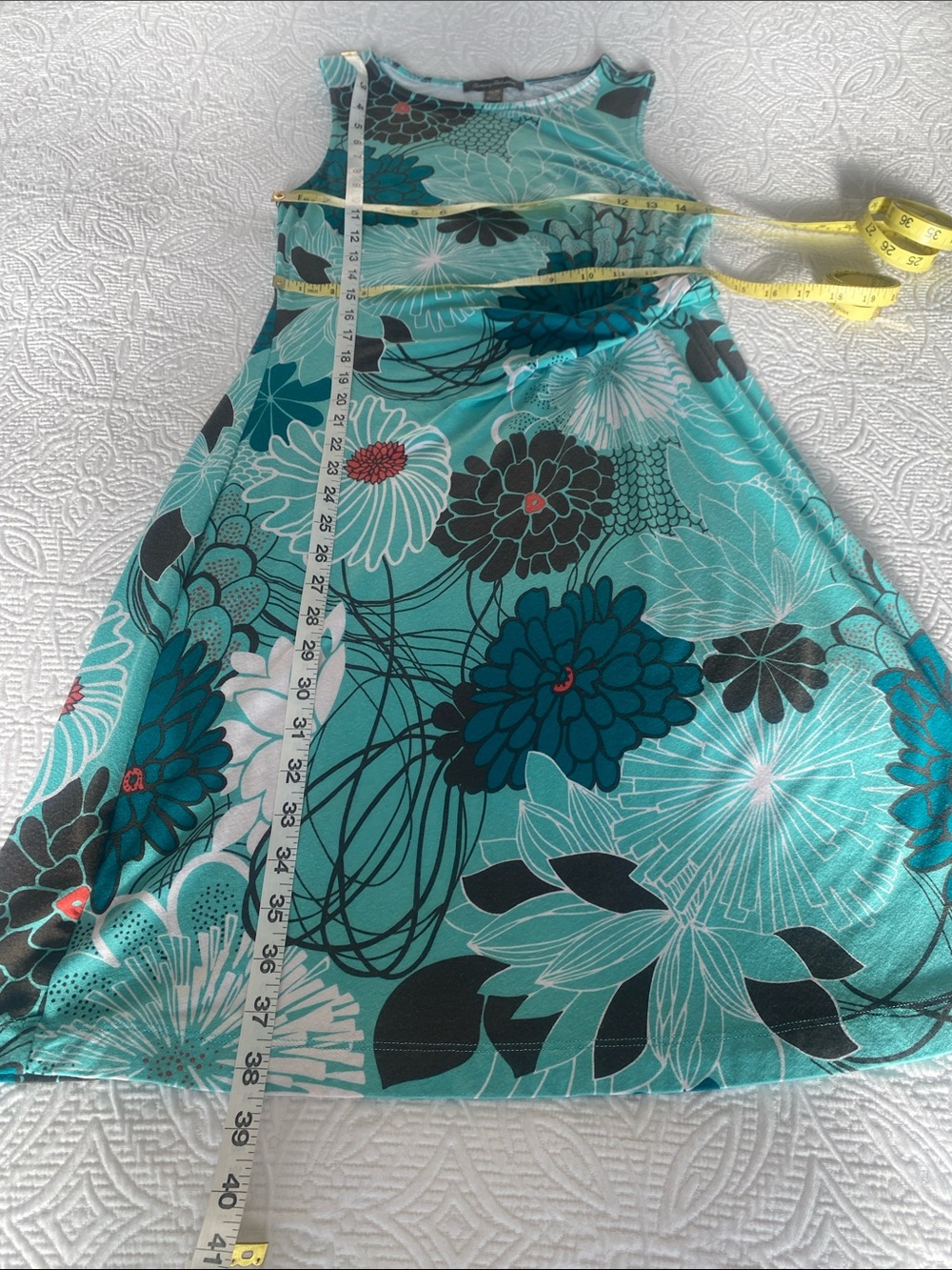 Tommy Bahama Teal and Black Floral Tank Dress With Ruching Waistline Sz M - Picture 10 of 13